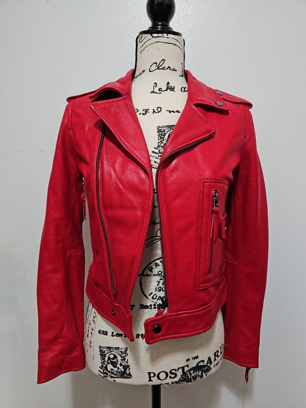 NewReal Lamb Leather Motorcycle Biker Ride Jacket Military Holiday Christmas Red